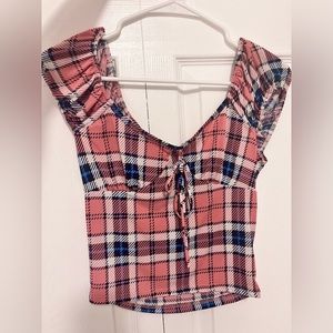 Pink and Blue plaid crop top with string bow adjustable